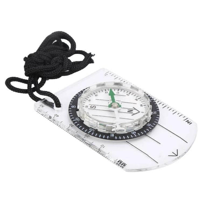 Mini Compass Map Scale Ruler For Outdoor Hiking And Camping - compact ABS case with acrylic magnifier and lanyard for map navigation and distance measurement