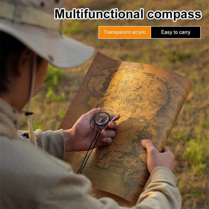 Mini Compass Map Scale Ruler For Outdoor Hiking And Camping - compact oil-filled compass with map scale and magnifier held by hiker