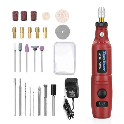Mini Electric Engraving Pen Red EU Plug For DIY Carving compact red 10W engraving tool with bits, chuck 0.5–3.2mm, three speed settings and EU charger