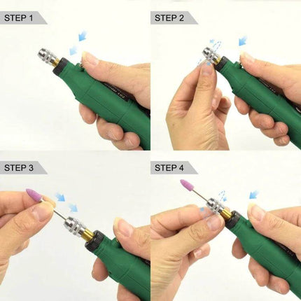 Mini Electric Engraving Pen Red EU Plug For DIY Carving showing four-step chuck and bit installation demonstration