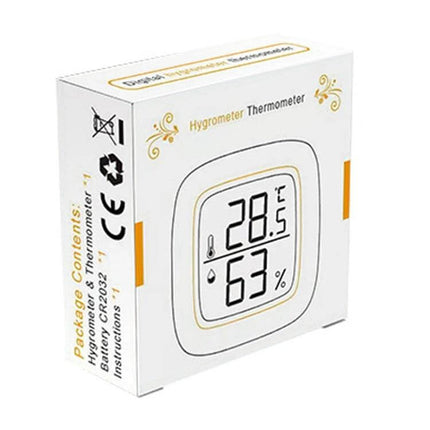 Mini Electronic Pet Temperature And Humidity Meter For Home Use compact ABS hygrometer showing 28.5°C and 63% humidity in retail box