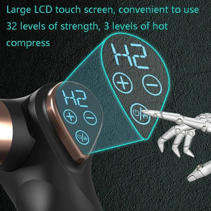 Mini Fascia Gun Massager With LCD Screen Portable Handheld Therapy showing LCD touch screen H2, plus/minus controls and heat level display