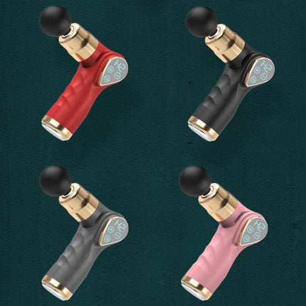 Mini Fascia Gun Massager With LCD Screen Portable Handheld Therapy shown in red black gray and pink compact foldable percussive massage device with LCD