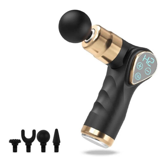 Mini Fascia Gun Massager With LCD Screen Portable Handheld Therapy compact black gold percussive massage gun with LCD display and four attachment heads