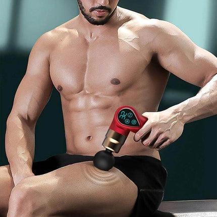 Mini Fascia Gun Massager With LCD Screen Portable Handheld Therapy - compact red handheld percussive massager used on male thigh with LCD display