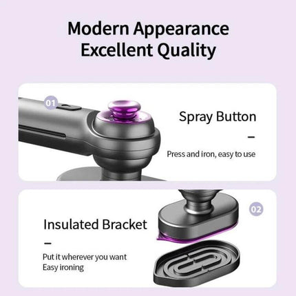 Mini Garment Steamer With Folding Iron, Anti-Scald, EU/US Plug handheld steamer showing spray button and insulated bracket for travel and quick wrinkle removal