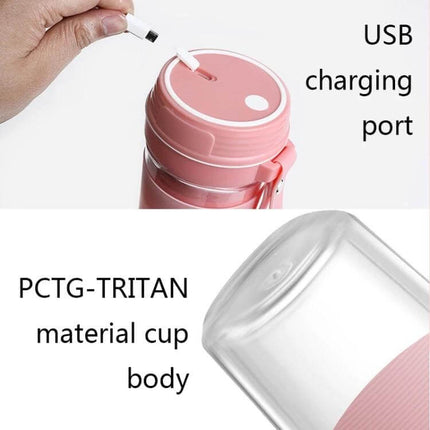 Mini Juicer Gem Blue On The Go Cup For Quick Juices showing USB charging port and clear PCTG-Tritan plastic cup body