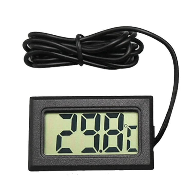 Mini LCD Fridge Freezer Thermometer With One Meter Cable showing LCD display reading 29.8°C with probe cable coiled
