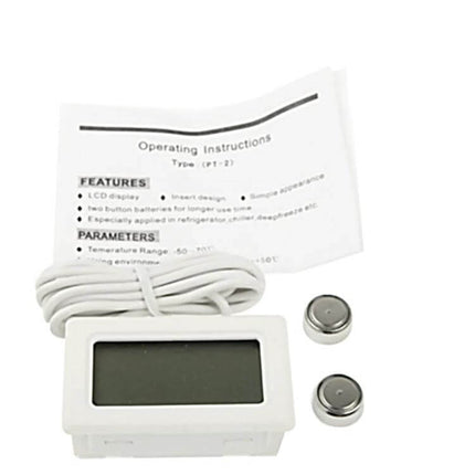 Mini LCD Indoor Digital Thermometer White For Fridge Use - compact white LCD fridge thermometer with probe, batteries and instructions