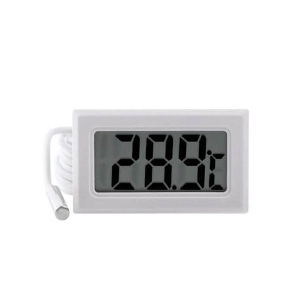 Mini LCD Indoor Thermometer For Fridge And Kitchen Celsius Display white compact LCD unit showing 28.9°C with probe and cord