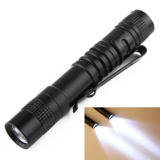 Mini LED Pen Shaped Flashlight With Clip For Everyday Tasks - compact black aluminum pen flashlight with pocket clip, AAA powered, for repairs and camping