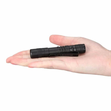 Mini LED Pen Shaped Flashlight With Clip For Everyday Tasks – compact aluminum alloy pen flashlight with pocket clip shown in hand, AAA battery powered