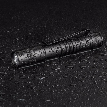 Mini LED Pen Shaped Flashlight With Clip For Everyday Tasks — compact aluminum alloy penlight with pocket clip and water droplets