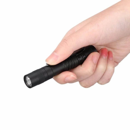 Mini LED Pen Shaped Flashlight With Clip For Everyday Tasks - compact black aluminum pen flashlight with pocket clip held in hand