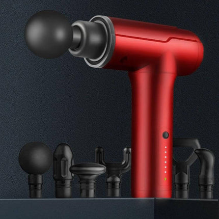 Mini Massage Gun With Six Heads For Full Body Relaxation — red compact massage gun with six interchangeable heads and LED intensity indicators