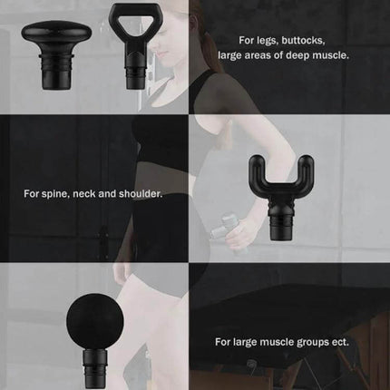 Mini Massage Gun With Six Heads For Full Body Relaxation, compact device with six interchangeable heads shown for legs, back, neck, shoulders, large muscles