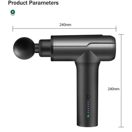 Mini Massage Gun With Six Heads For Full Body Relaxation shown in black with ball head, compact T-handle, LED intensity indicators and 240mm dimensions