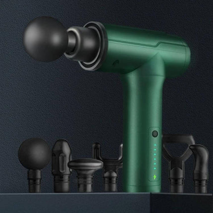 Mini Massage Gun With Six Heads For Full Body Relaxation – compact green percussion massager with six interchangeable heads and LED intensity indicator