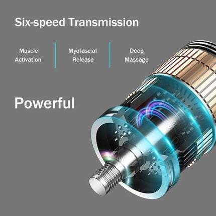 Mini Massage Gun With Six Heads For Full Body Relaxation showing powerful six-speed motor and transmission components for deep massage