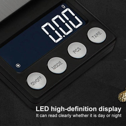 Mini Portable Jewellery Scale For Precise Everyday Weighing LED high-definition display with stainless steel buttons and clear 0.00 readout
