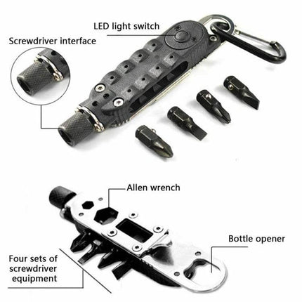 Mini Portable Multitool With LED Light For Everyday Quick Fixes compact 4-screwdrivers 2-hex keys bottle opener D-buckle with LED