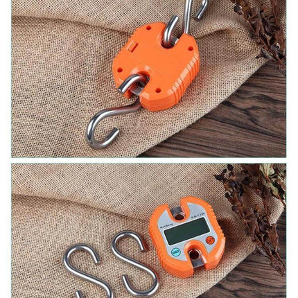 Mini Portable Stainless Steel Hook Scale For Everyday Weighing - compact orange digital hook scale with stainless S-hooks, 150 kg dual-range display