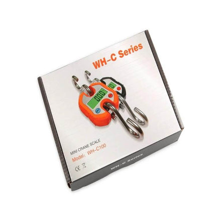 Mini Portable Stainless Steel Hook Scale For Everyday Weighing compact orange digital hook scale on retail box showing LCD and stainless hooks, 150kg capacity