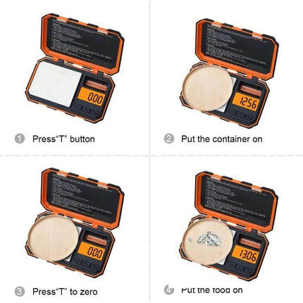 Mini Precision Digital Scale For Gold And Jewelry At Home — compact jewelry scale showing tare and weighing steps with open orange case and digital display