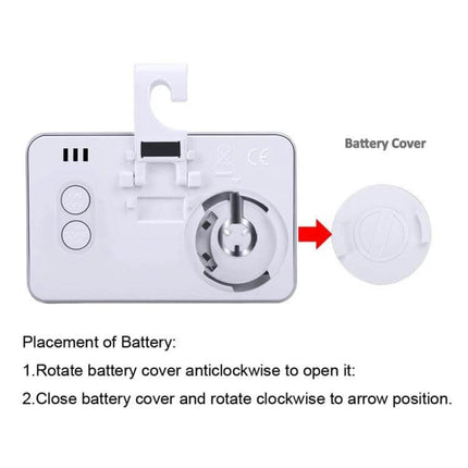 Mini Refrigerator Thermometer With Digital LCD Display showing back battery cover, hook, magnet and placement instructions