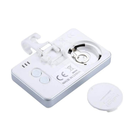 Mini Refrigerator Thermometer With Digital LCD Display compact white rear view showing battery compartment, buttons, magnet and hanging hook