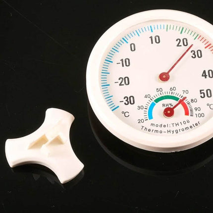 Mini Round Analog Hygrometer For Indoor Outdoor Use — compact 7.5 cm dial hygrometer showing temperature and humidity for home, greenhouse, office