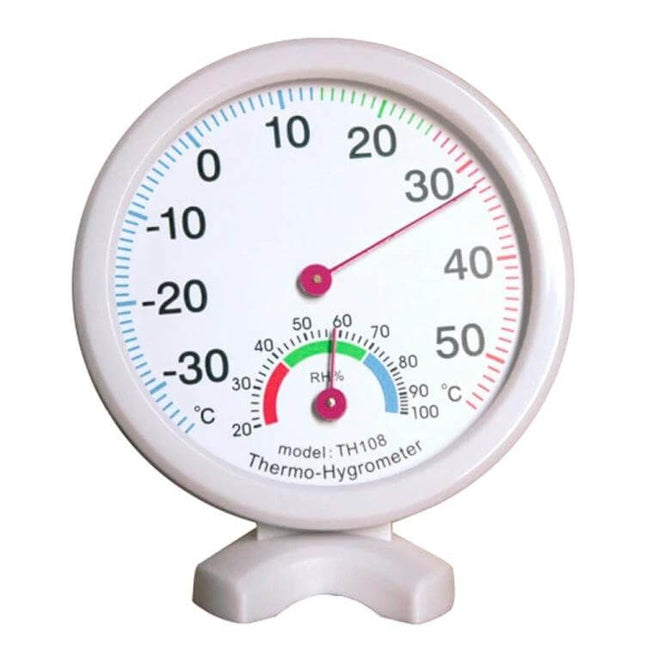 Mini Round Analog Hygrometer For Indoor Outdoor Use white compact dial showing temperature and humidity readings on plastic stand