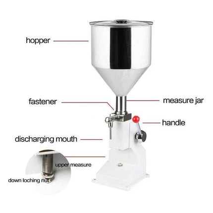 Mini Stainless Steel Manual Filling Machine For Cream And Paste - compact 5–50ml piston filler with 304 stainless steel barrel and hopper for labs