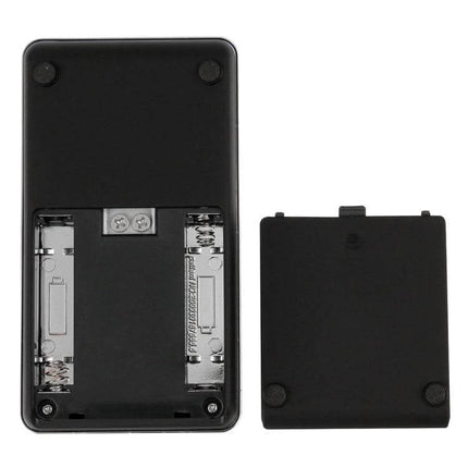 Mini Style Weigh Max Digital Scale for Everyday Use showing open battery compartment and removed back cover for two AAA batteries