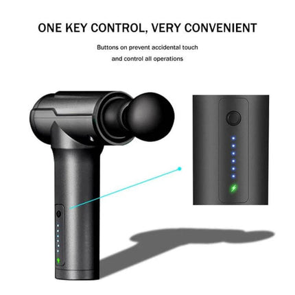 Mini Massage Gun With Six Heads For Full Body Relaxation – compact one-button massage gun with LED intensity indicators and round massage head for targeted relief