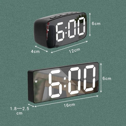 Mirror Bedside Alarm Clock Arc Shaped On Nightstand - compact mirror-front digital alarm clock on nightstand showing large LED time and dimensions