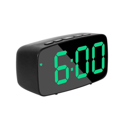 Mirror Bedside Alarm Clock Arc Shaped On Nightstand - black ABS shell with mirror front and green LED 6:00 display for bedside use