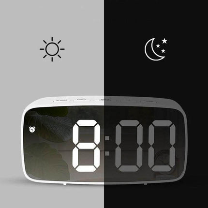 Mirror Bedside Alarm Clock Arc Shaped On Nightstand with reflective ABS mirror face showing large LED digits and day-night display