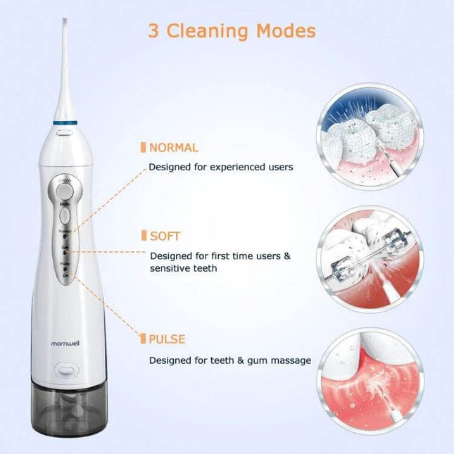 Mornwell USB Rechargeable Water Flosser for Daily Oral Hygiene showing compact handle, USB charging, and three modes: Soft, Normal, Pulse for targeted cleaning