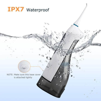 Mornwell USB Rechargeable Water Flosser for Daily Oral Hygiene shown IPX7 waterproof handheld flosser with water splashes and removable reservoir