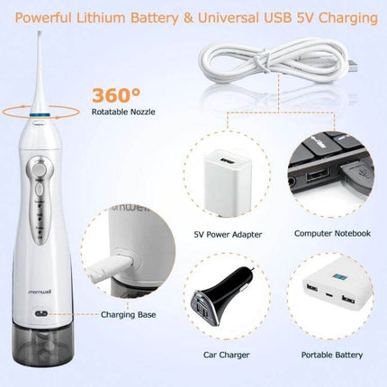 Mornwell USB Rechargeable Water Flosser for Daily Oral Hygiene compact handle with 360° nozzle and USB 5V charging options