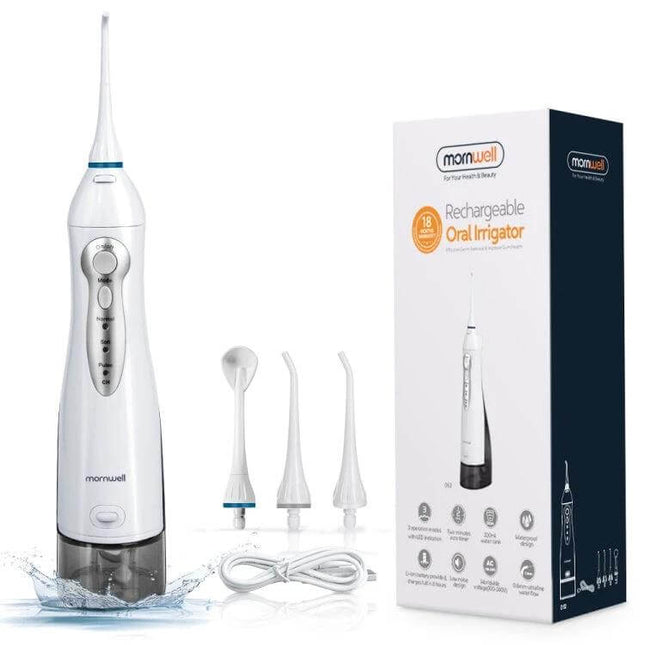 Mornwell USB Rechargeable Water Flosser for Daily Oral Hygiene compact handle with three modes, USB charging, nozzles and box shown