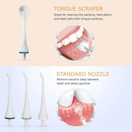 Mornwell USB Rechargeable Water Flosser for Daily Oral Hygiene showing tongue scraper and standard nozzles for cleaning between teeth and massaging gums