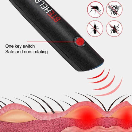 Mosquito Itch Bite Helper Relief Pen For Child And Adult black thermo-pulse device shown soothing a red itchy mosquito bite with one-key switch