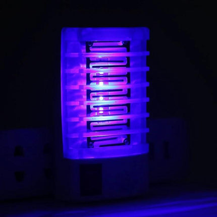Mosquito Killer Night Lamp EU Plug for Indoor Use at Home glowing purple UVA LED and electric grid in bedroom night scene