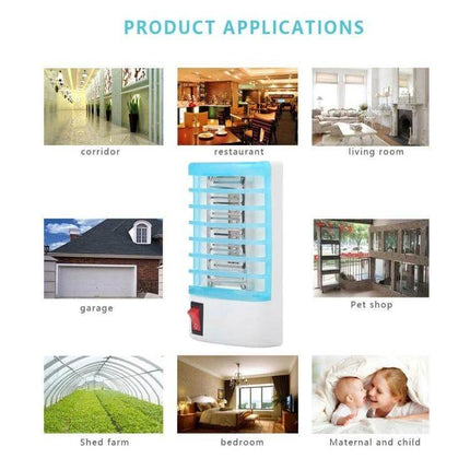 Mosquito Killer Night Lamp EU Plug for Indoor Use at Home shown in multiple room applications (living room, bedroom, kitchen, garage, pet shop)