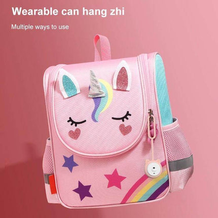 Mosquito Repellent Wristband For Children Outdoor Play shown hanging on a pink unicorn backpack, wearable on wrist or clipped nearby