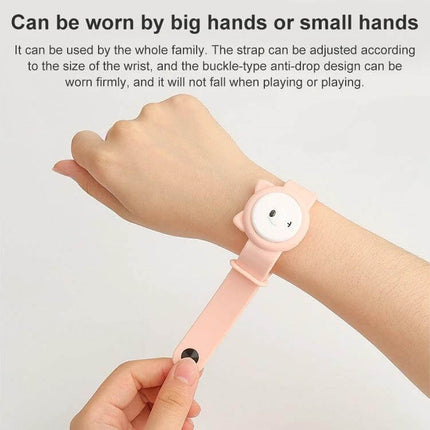 Mosquito Repellent Wristband For Children Outdoor Play pink silicone wristband shown on child’s wrist adjustable strap ABS casing