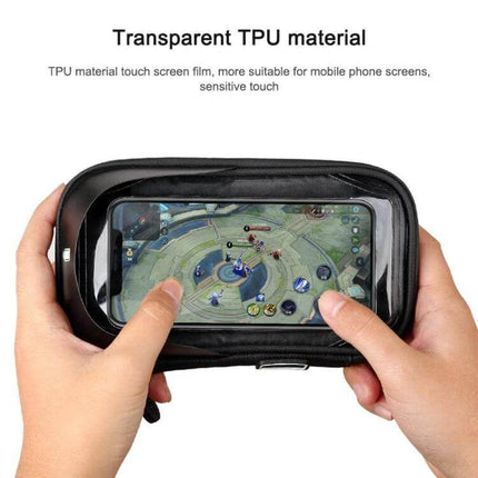 Mountain Bike Phone Holder With Touch Screen Mount showing transparent TPU enclosure with hands using phone touchscreen while mounted