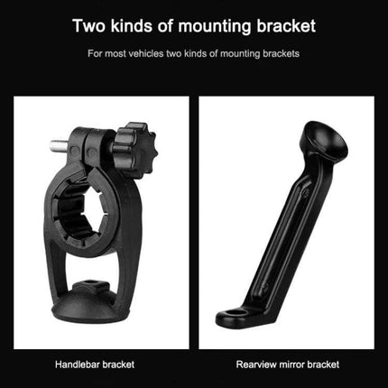 Mountain Bike Phone Holder With Touch Screen Mount showing handlebar bracket and rearview mirror bracket on a black background